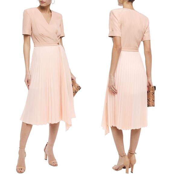 SANDRO Gladis Woven Paneled Pleated Crepe De Chine Midi Wrap Dress Neutral Small - Picture 1 of 16